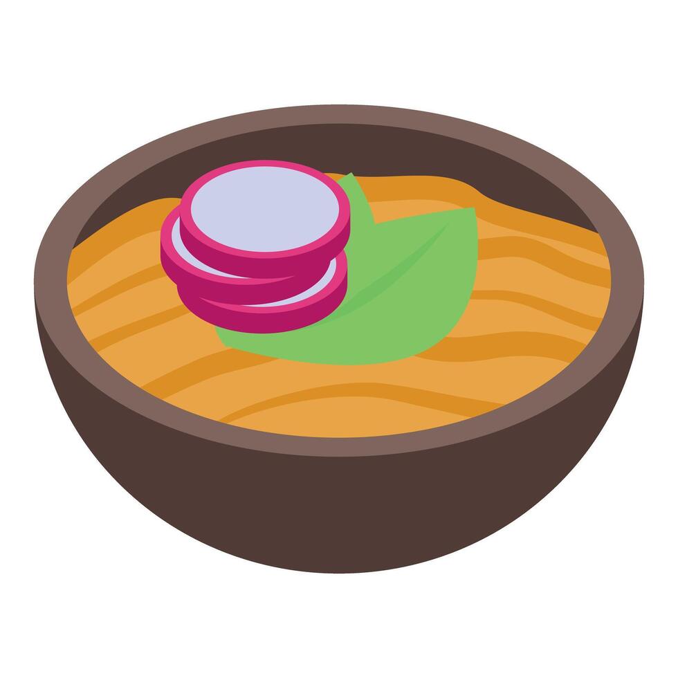 Delicious soup with radish and spinach in brown bowl isometric icon vector