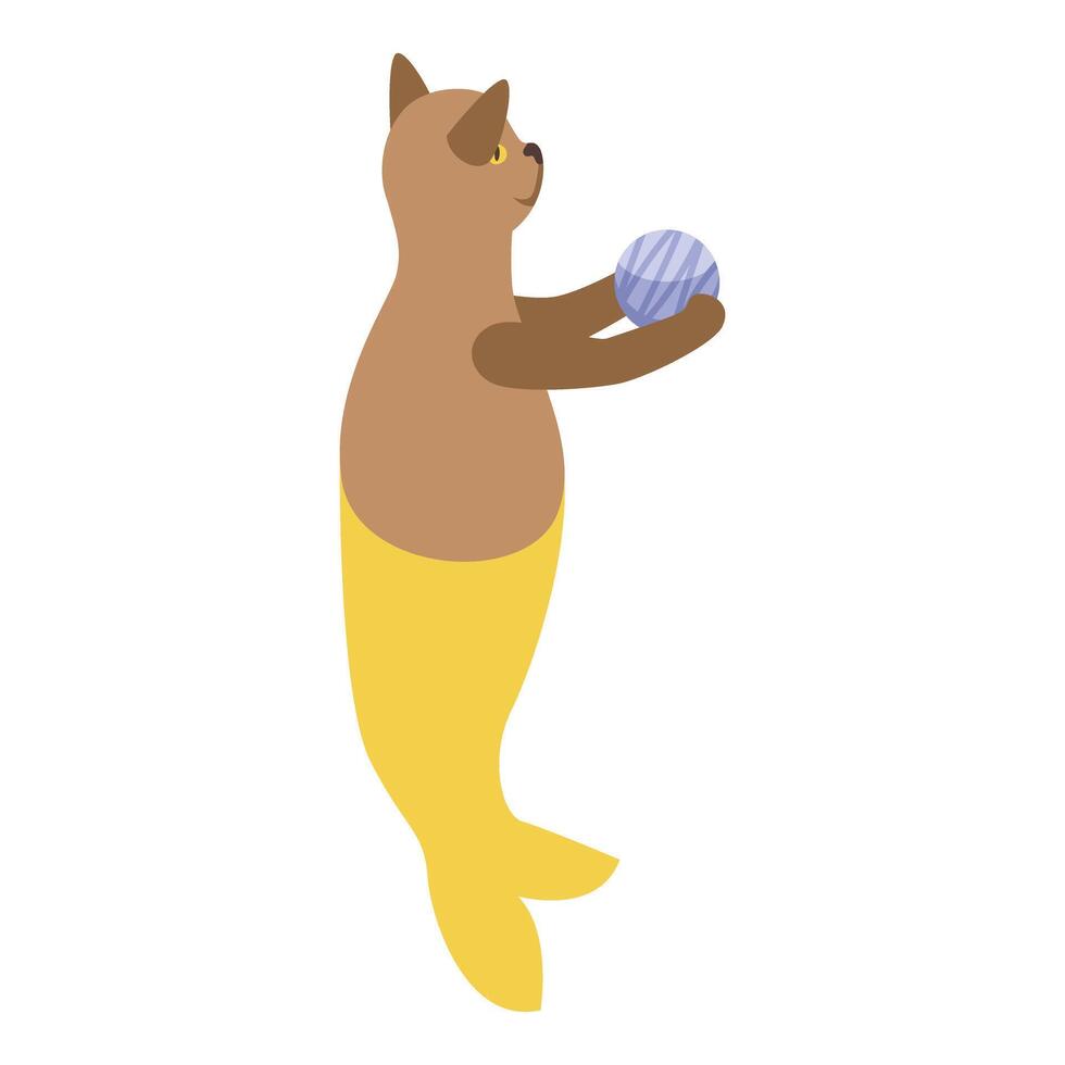 Cute cat mermaid holding ball of yarn icon vector