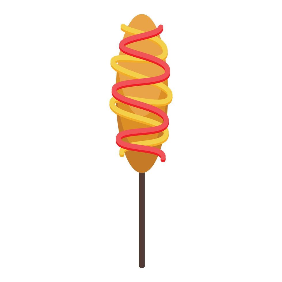 Delicious corn dog covered in mustard and ketchup isometric illustration vector
