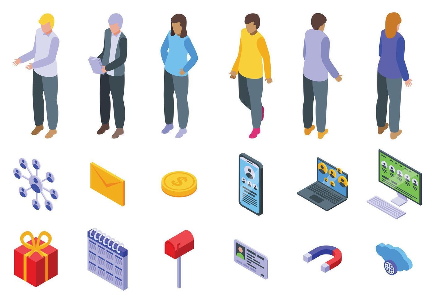 Referral network icons set. People networking, connecting online and customer relationship management isometric icons vector