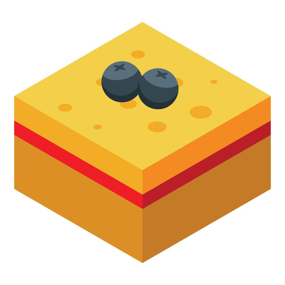 Square cake with blueberries and red topping isometric view vector