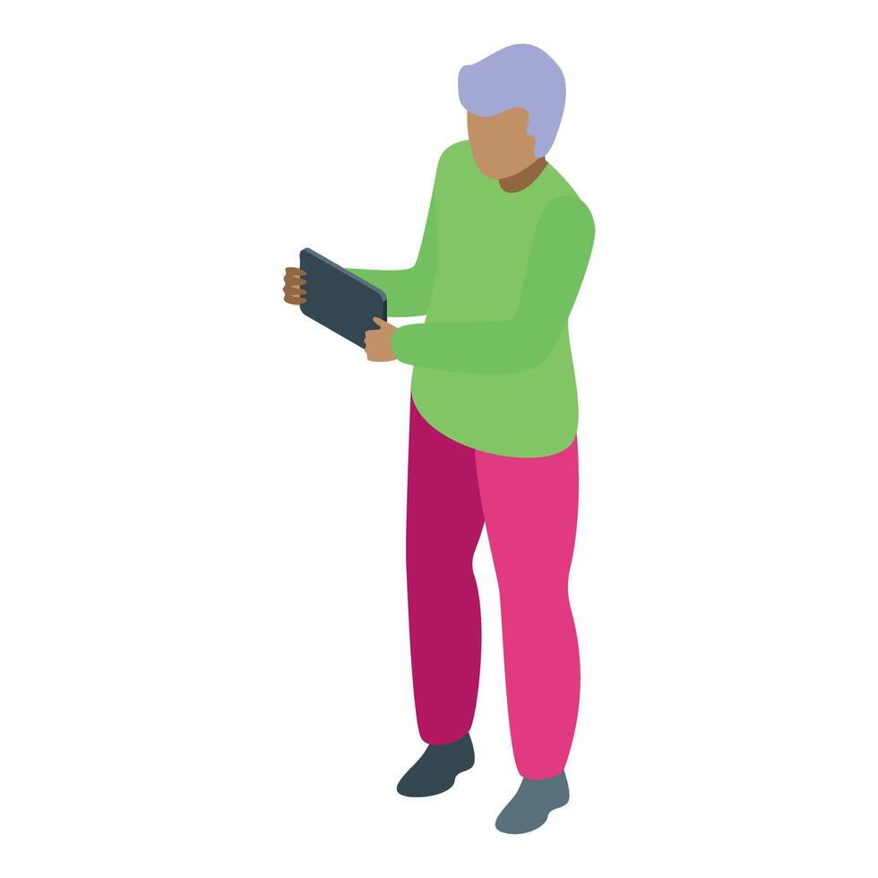 Young man using tablet in isometric illustration style vector