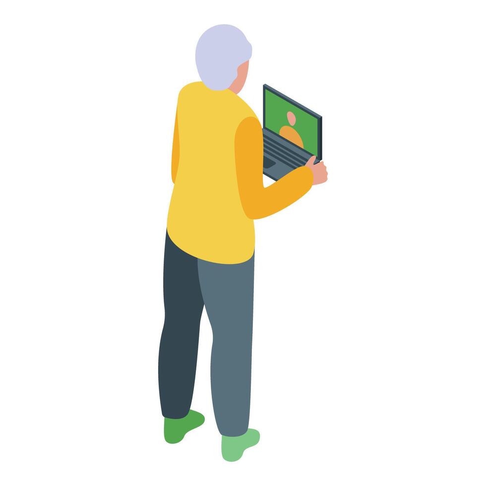 Senior woman using laptop for video call isometric illustration vector