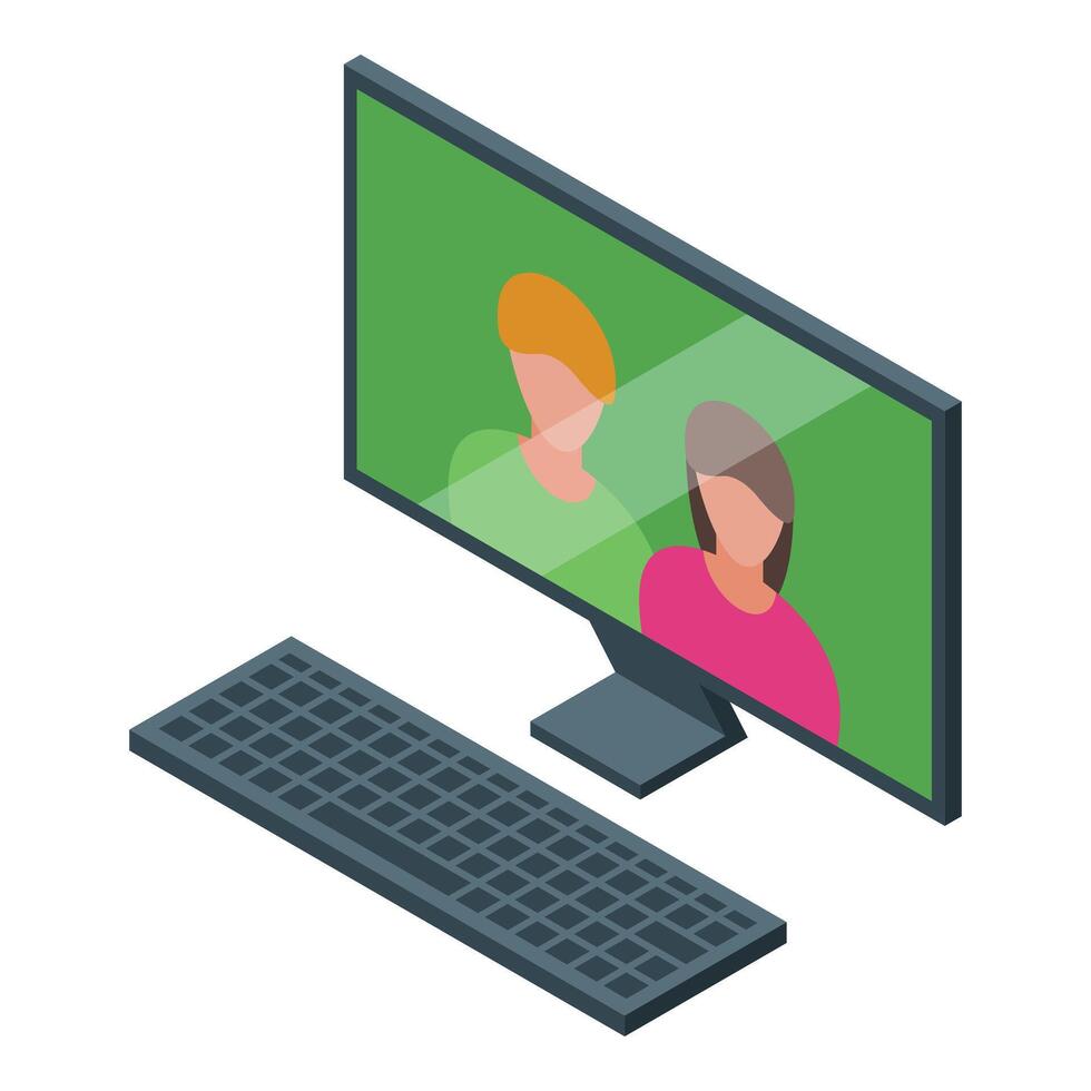 Friends video calling using desktop computer with keyboard vector