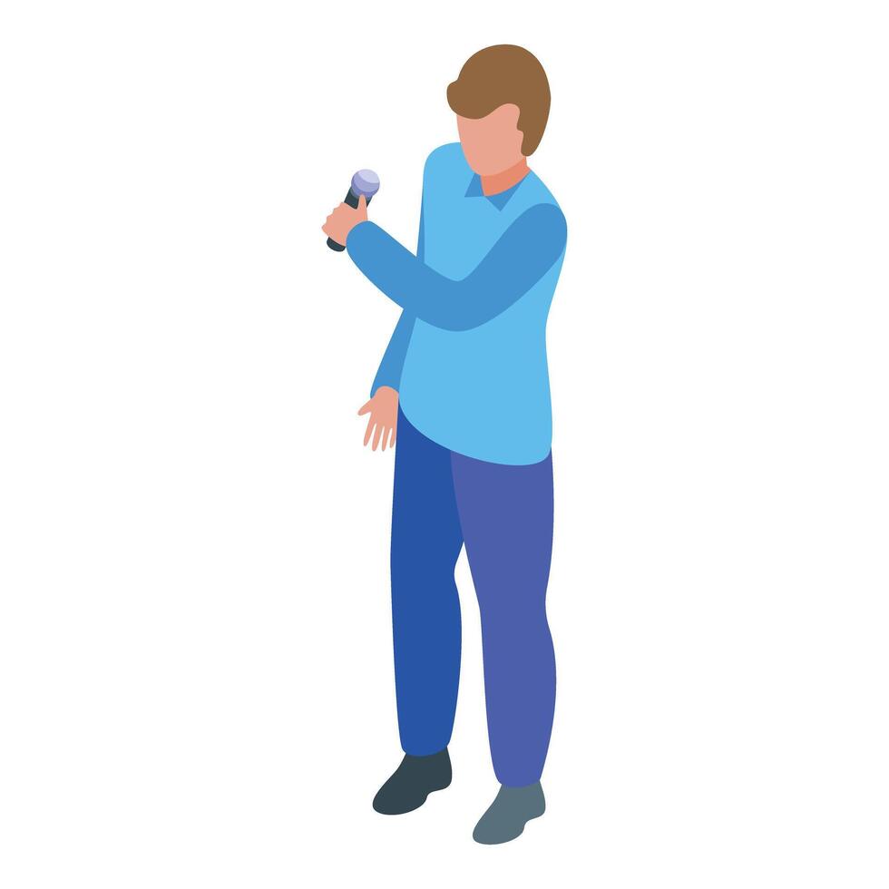Young man is holding a microphone and speaking vector