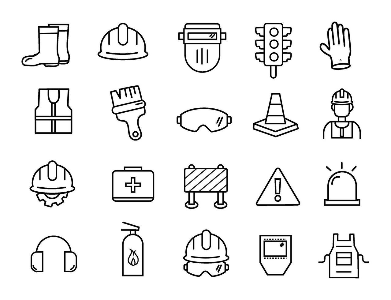 job safety icons such as apron, cone, worker, no smoke, safety, insurance, emergency button, warning vecto vector