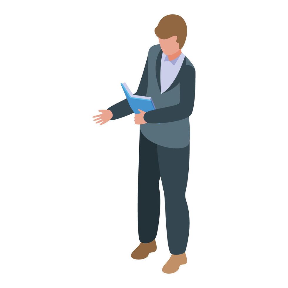 Businessman holding open book and gesturing with other hand vector
