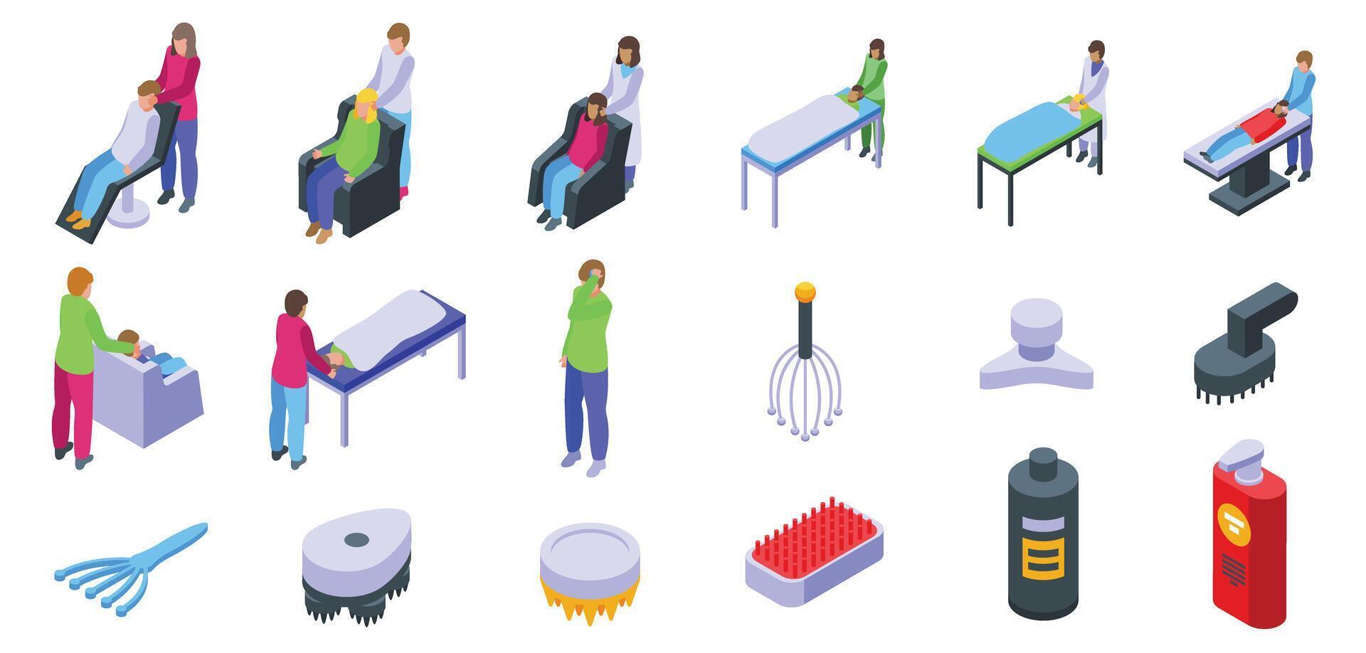 Head massage icons set. Masseurs giving massage to clients in spa salon and tools for body treatment isometric icons set vector
