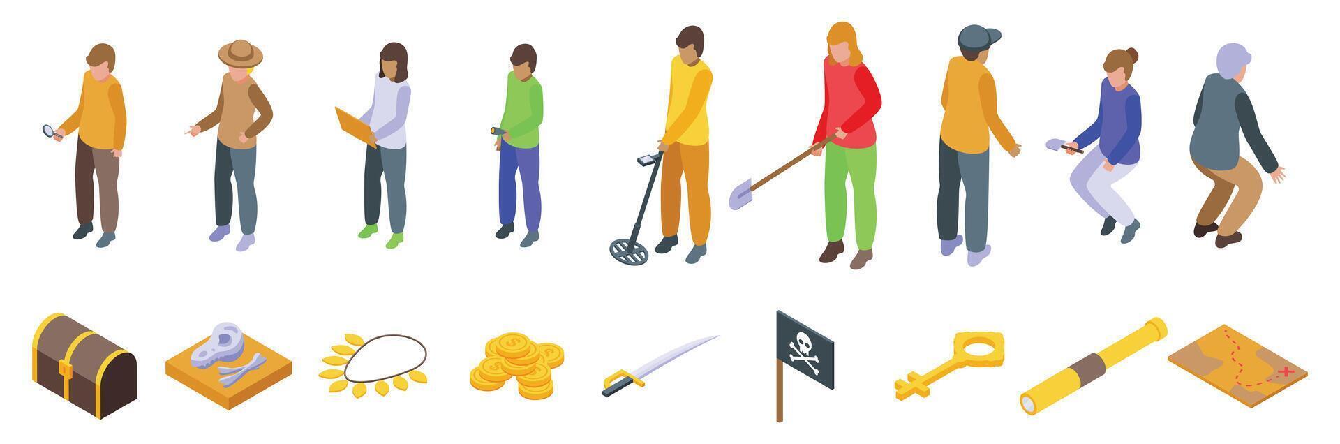 Treasure hunting icons set. Treasure hunters are searching for ancient artifacts using a metal detector and a map vector