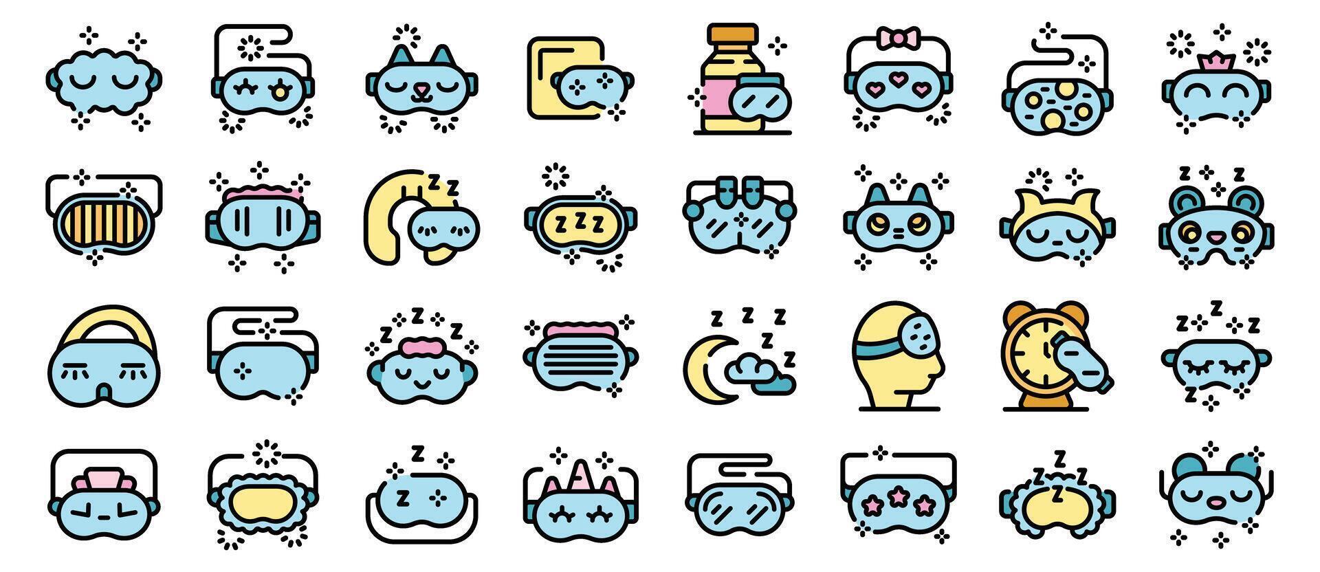 People using sleeping eye mask for having sweet dreams icon set. Line style vector