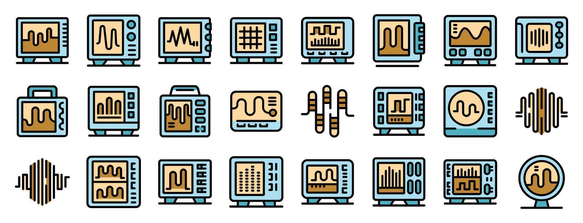 Set of oscilloscope icons showing electrical signals with waveforms vector
