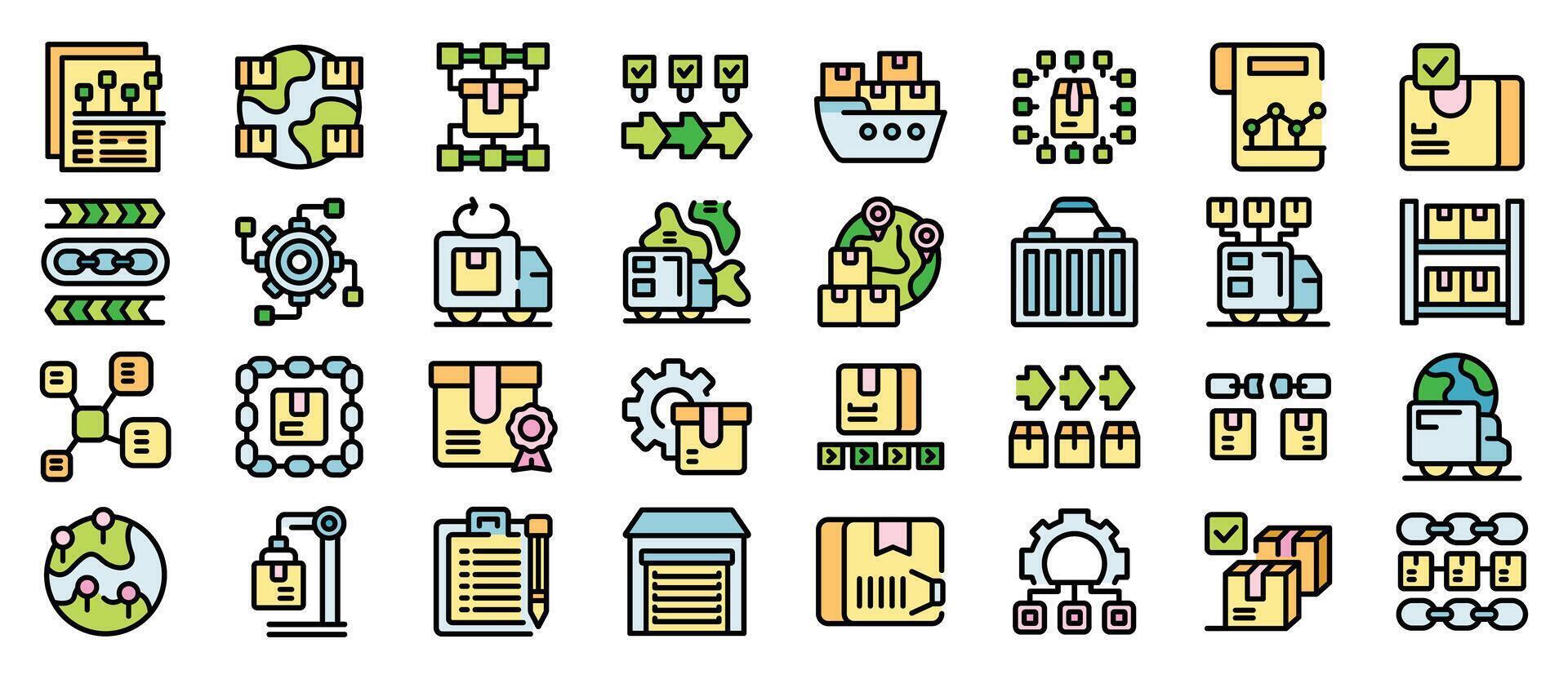 Supply chain management icons showing logistics processes and delivery vector