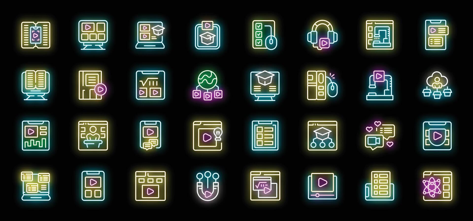 Neon online education icons, students studying with distance learning platform vector