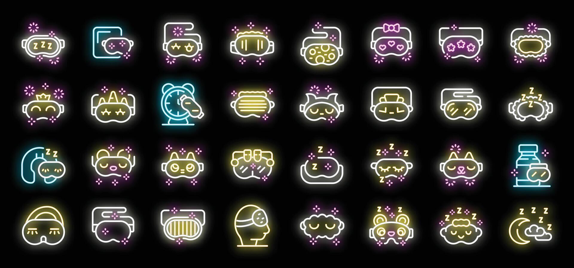 Glowing sleeping masks, helping with sleep disorders and insomnia, presented as colorful neon icons vector