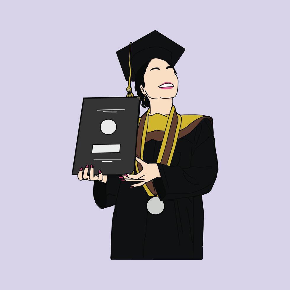 Illustration Female Graduation Faceless Graduation Portrait Graduated From College University and Hold Diploma and Wearing Toga vector