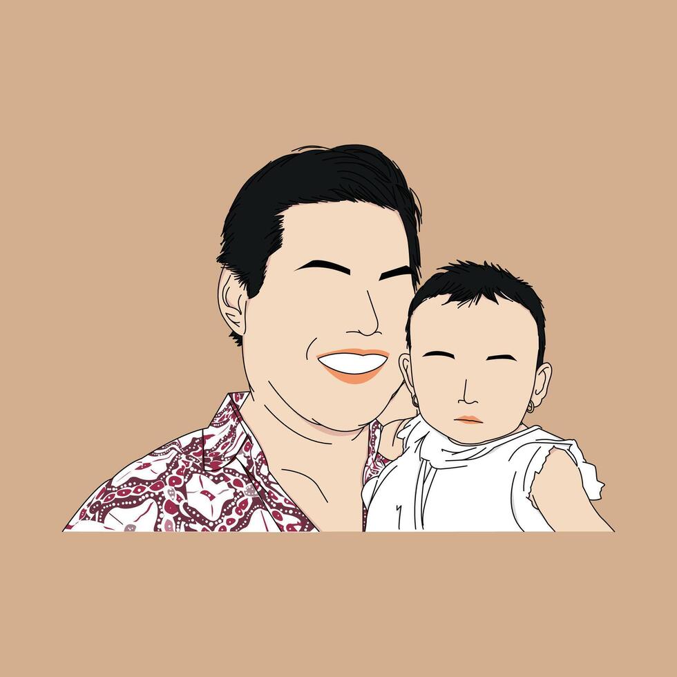 Faceless Father and Daughter Portrait Illustration Father's Day Father and Son With Batik and White Dress vector