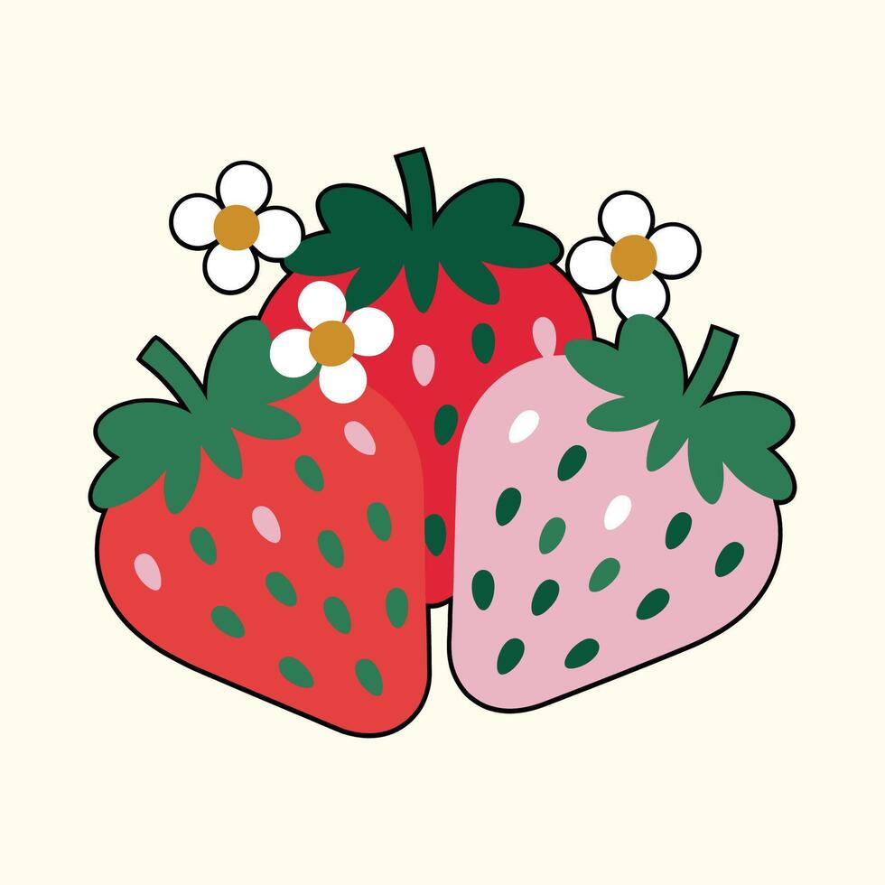 Colorful Illustration of Red Strawberries with White Flowers and Green Leaves vector