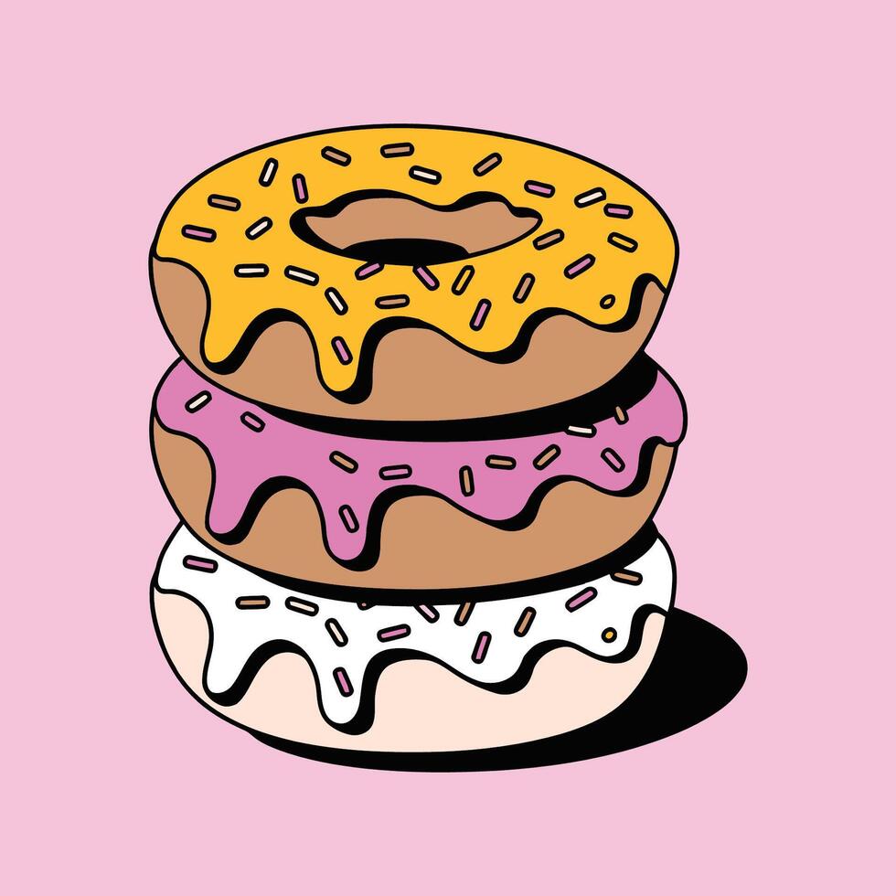 A stack of three donuts with different flavors illustration vector