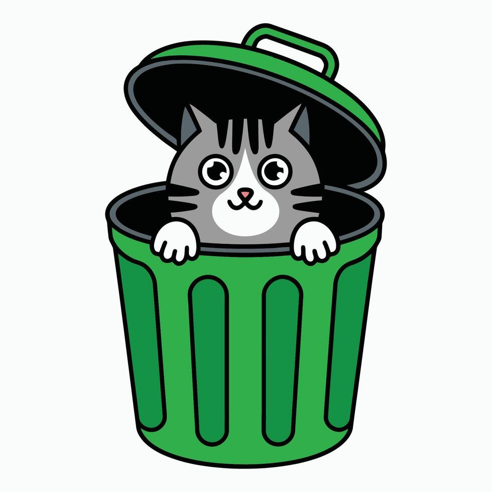 Curious Cat Peeking Out From Green Trash Bin Illustration vector