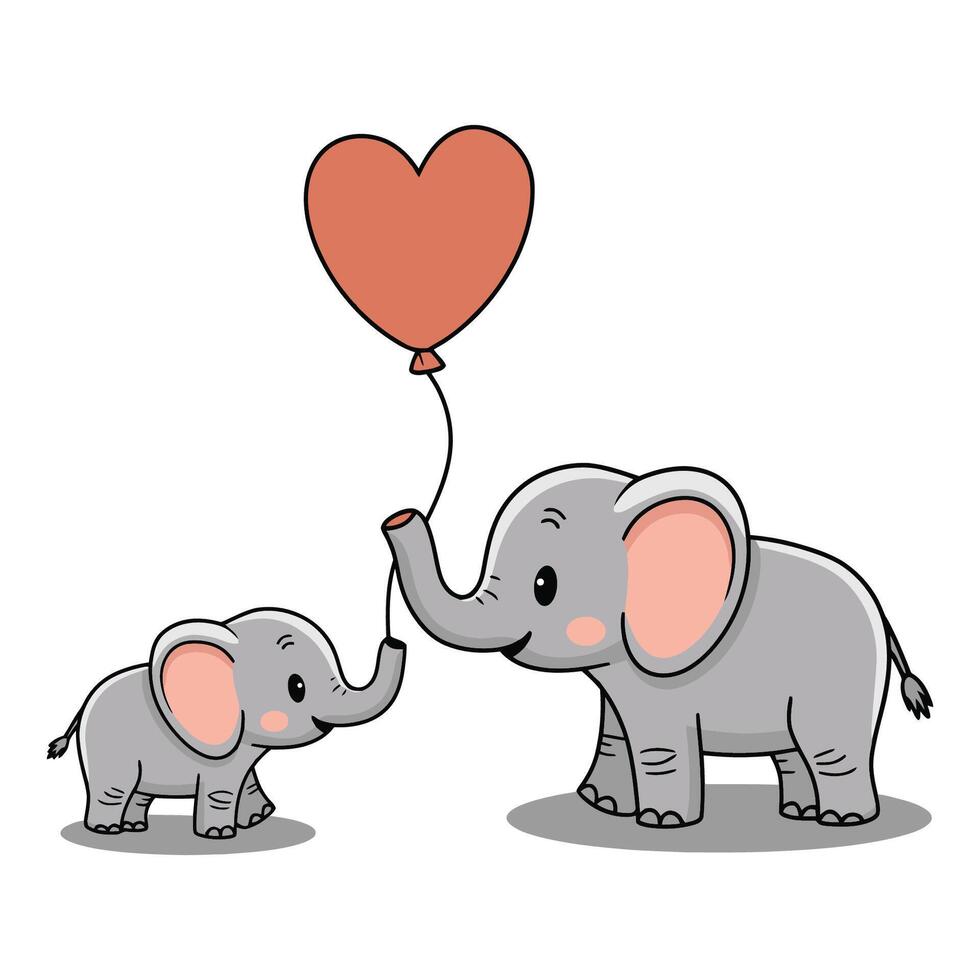 Cartoon Elephant Mom and Baby with Heart-Shaped Balloon vector