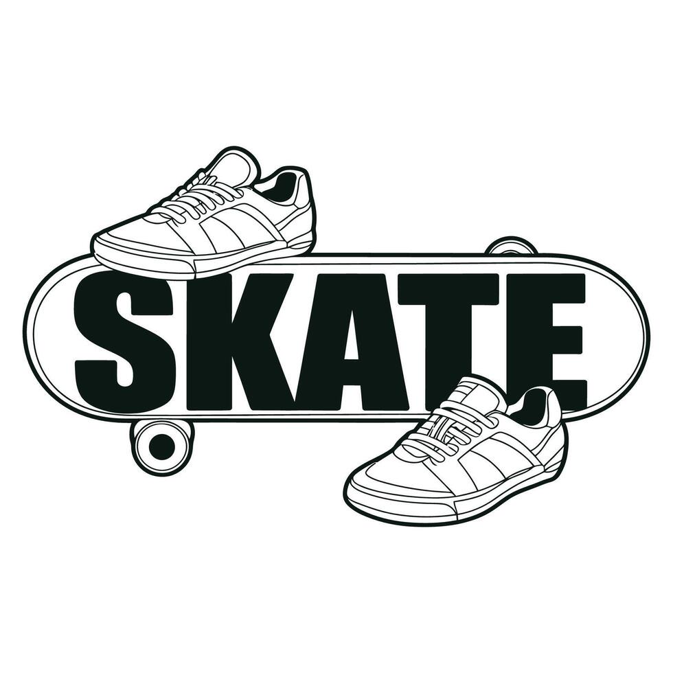Skateboard with sneakers and skate text illustration vector