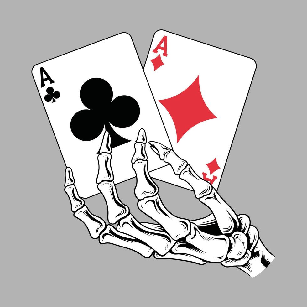 Skeleton hand holding aces playing cards illustration vector