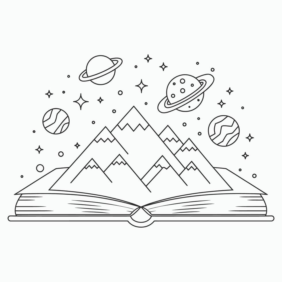 Imaginative open book with mountains and planets illustration vector