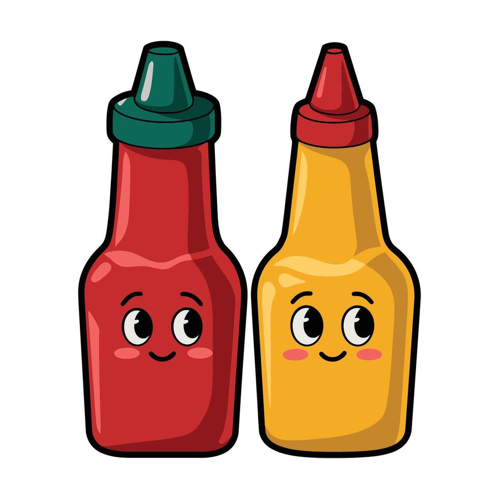 Cartoon Illustration of Smiling Ketchup and Mustard Bottles vector