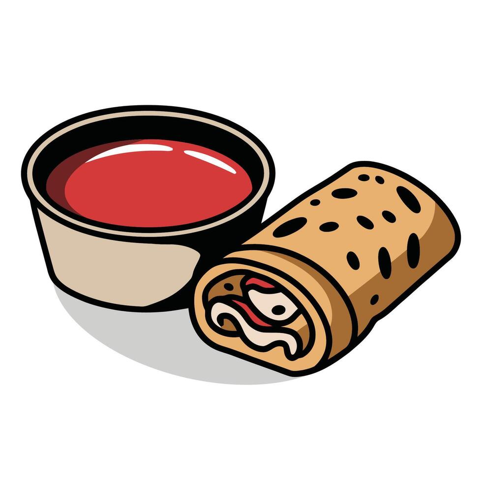 A Delicious Rolled Tortilla with Savory Red Sauce on the Side Illustration vector