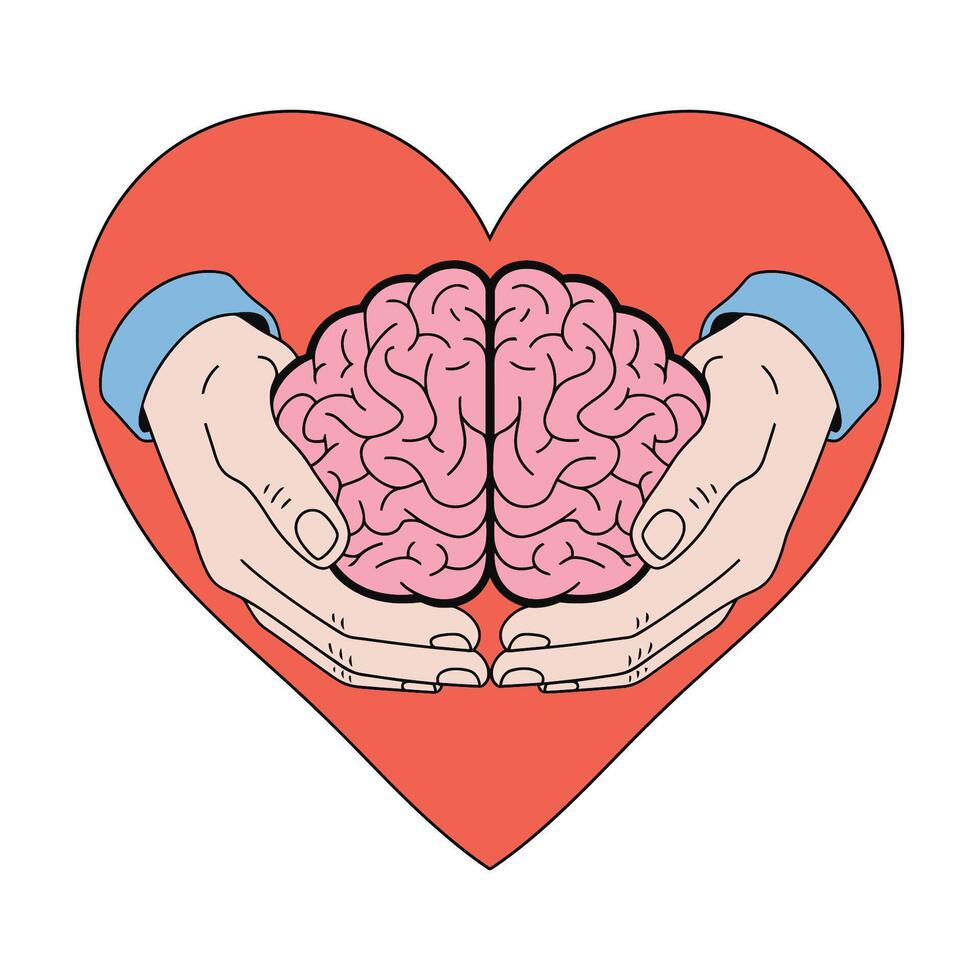 Hands cradling brain within a heart symbolizing love and care for mental health vector