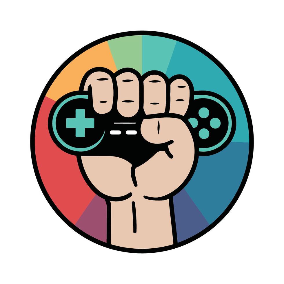 Gaming Controller in Fist Icon Illustration on Colorful Round Background vector