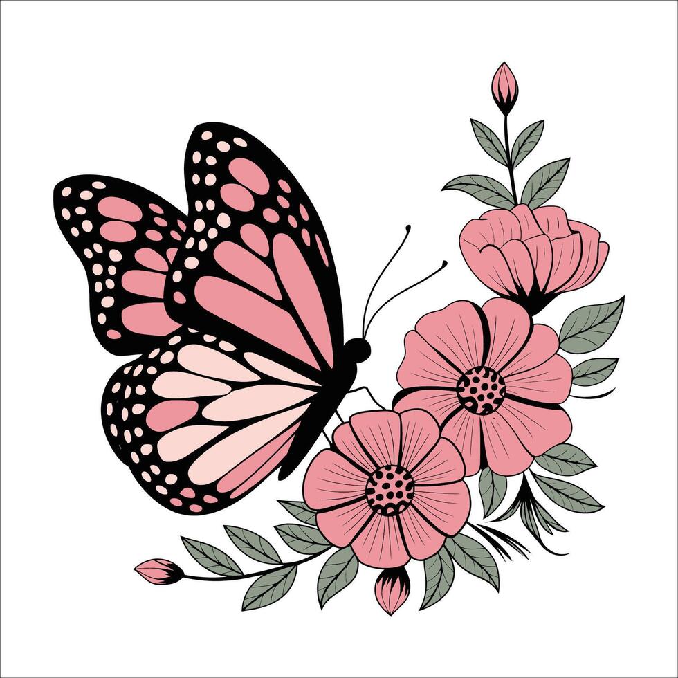 Elegant Pink Butterfly Resting on Spring Blossoms Illustration vector