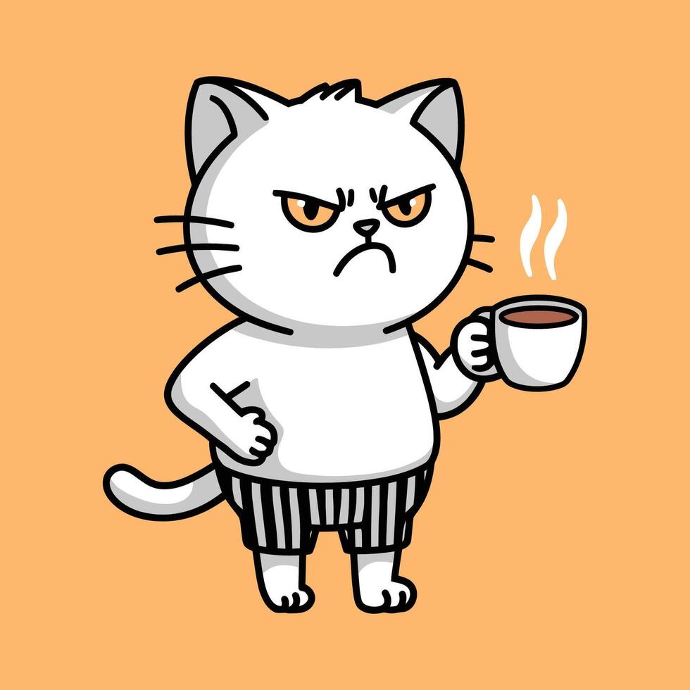 Cartoon Feline with a Morning Attitude and Hot Beverage vector