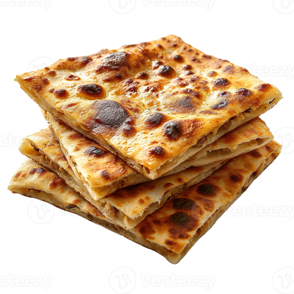 A stack of four flatbreads with a golden brown crust isolated on transparent background png