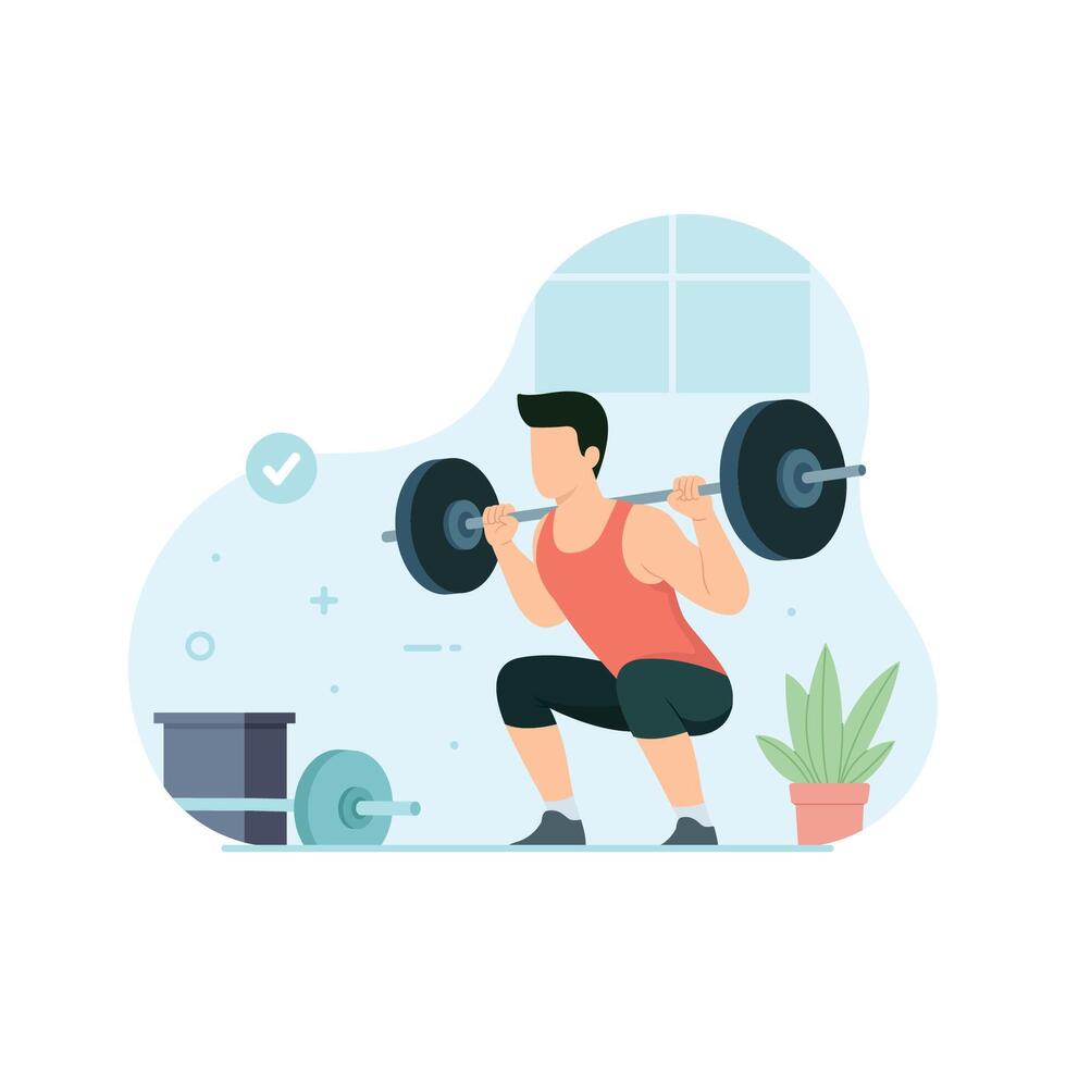 Man with barbell lifting exercise in gym. Workout and exercise illustration vector
