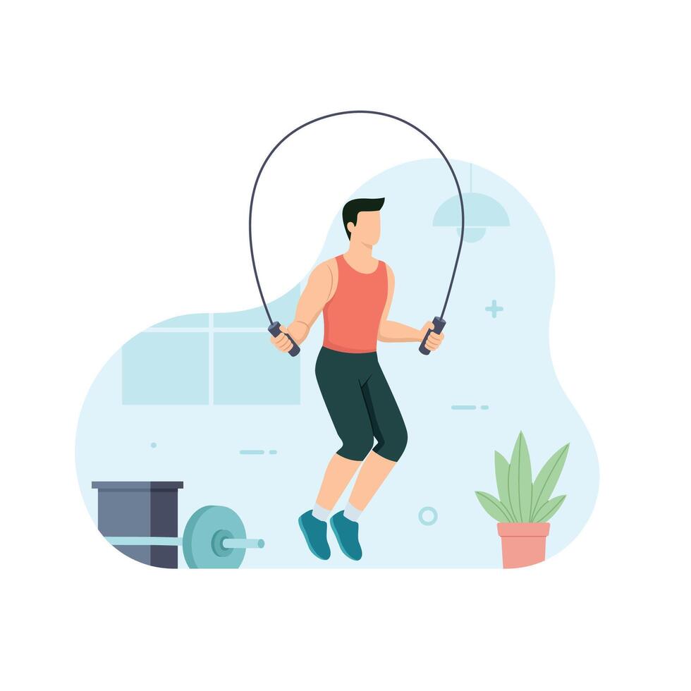 Man cardio workout doing skipping rope in gym vector