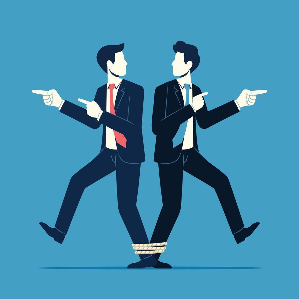 Two businessmen, tied leg together, pointing and choosing different ways or choices illustration vector