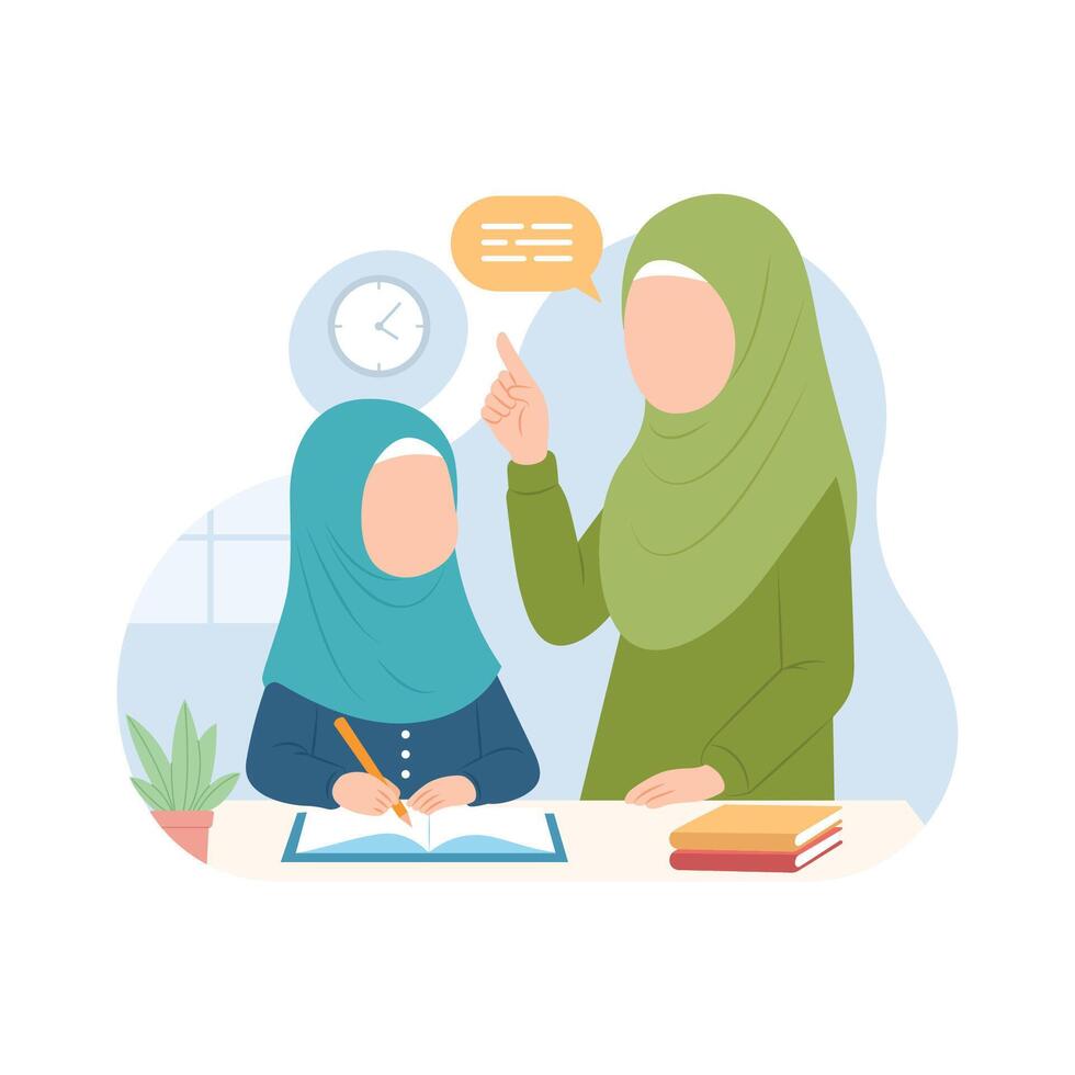 Teacher and student interacting in a learning environment flat cartoon illustration vector