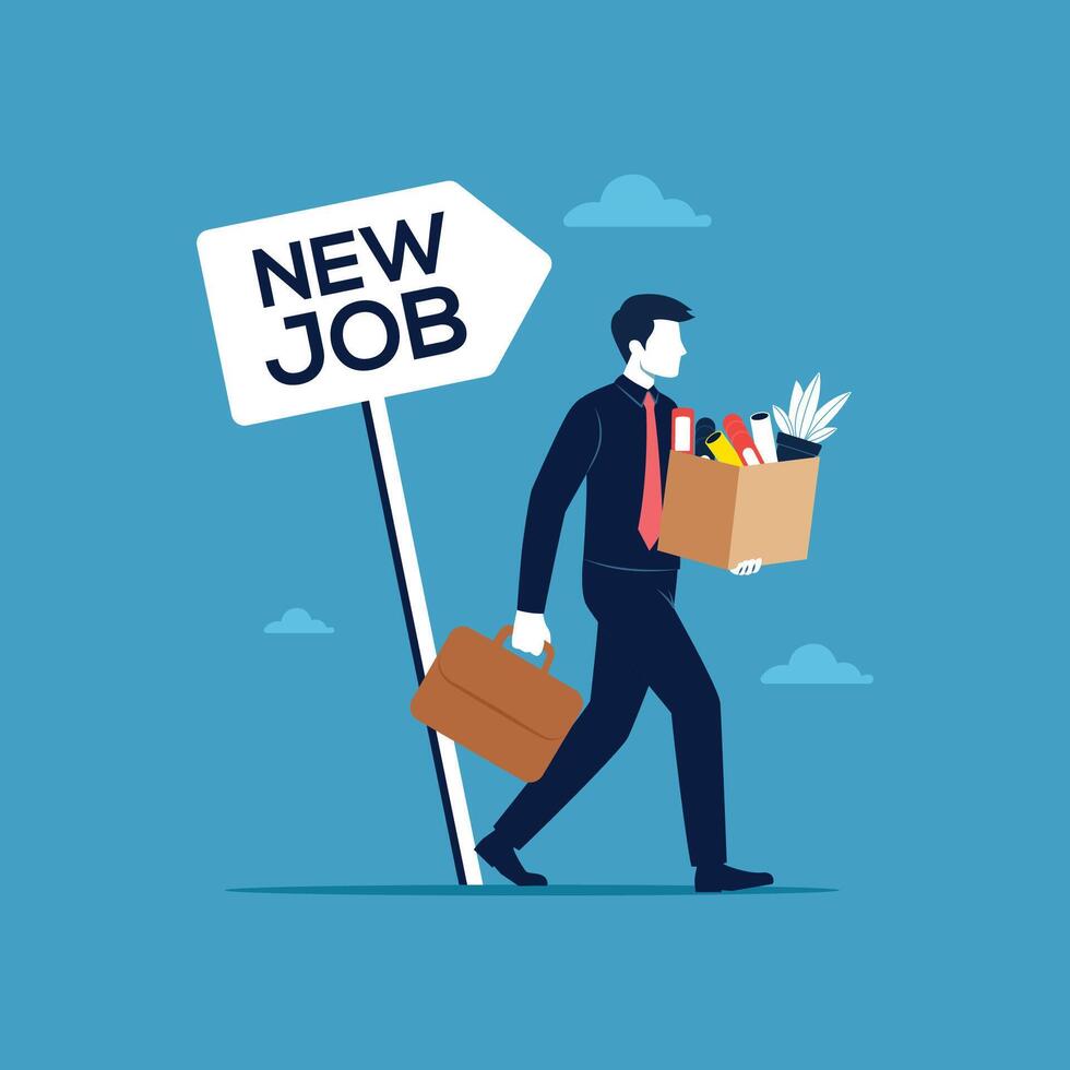 New job, new challenge to success. Employee carrying stuffs changing to new job opportunity illustration vector