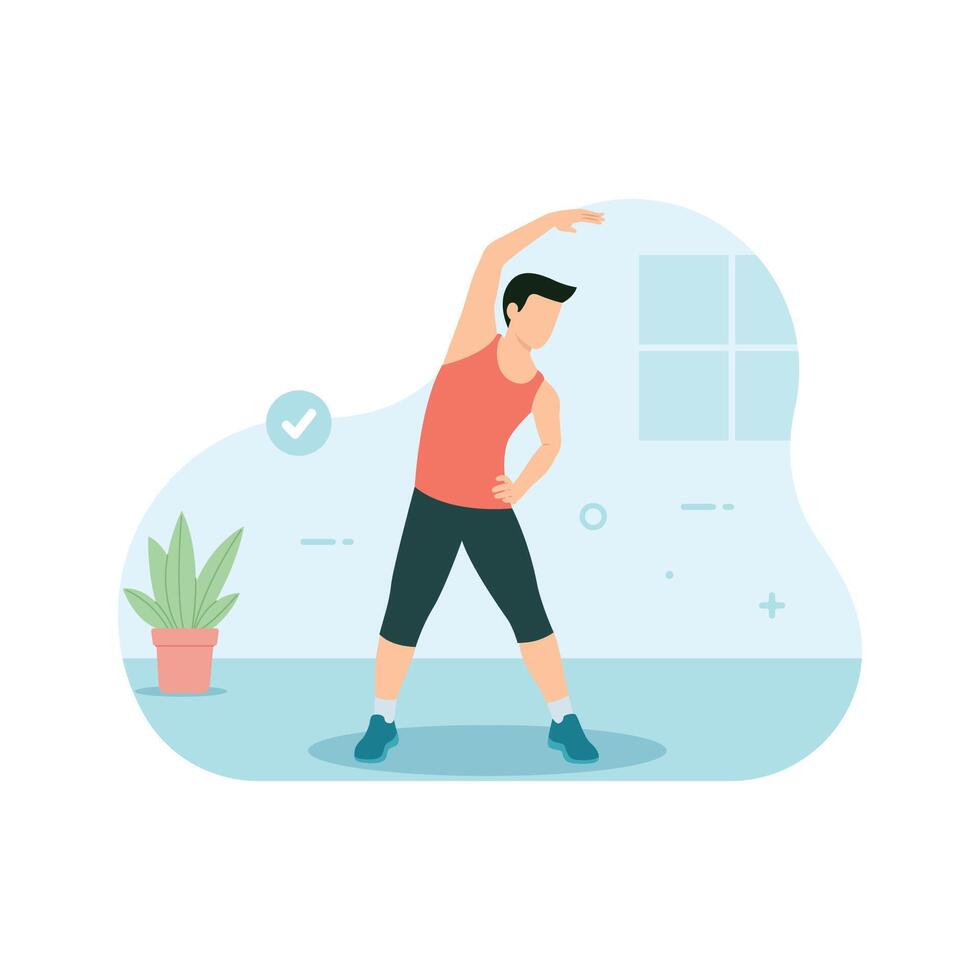 Man doing side bend stretching. Workout and exercise illustration vector