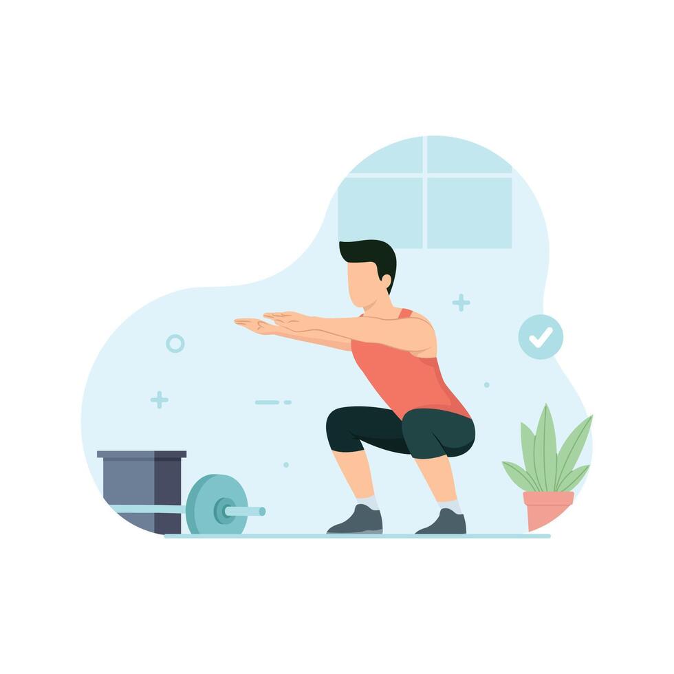 Man doing air squat in gym. Workout and exercise illustration vector