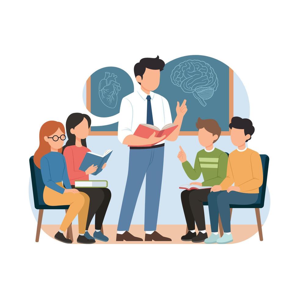 Teacher and student interacting in a learning environment flat cartoon illustration vector