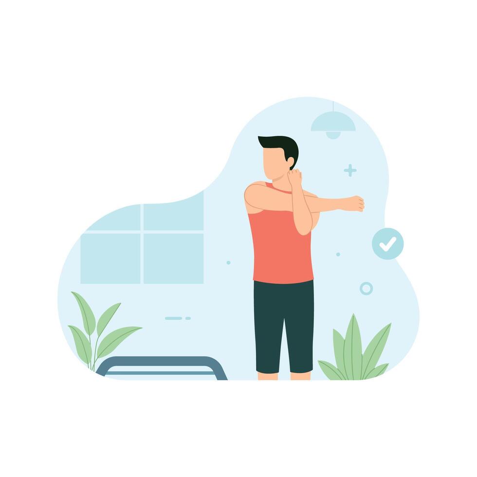 Man doing shoulder stretching in gym. Workout and exercise illustration vector
