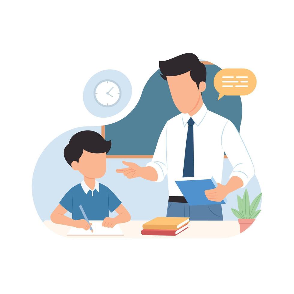 Teacher and student interacting in a learning environment flat cartoon illustration vector