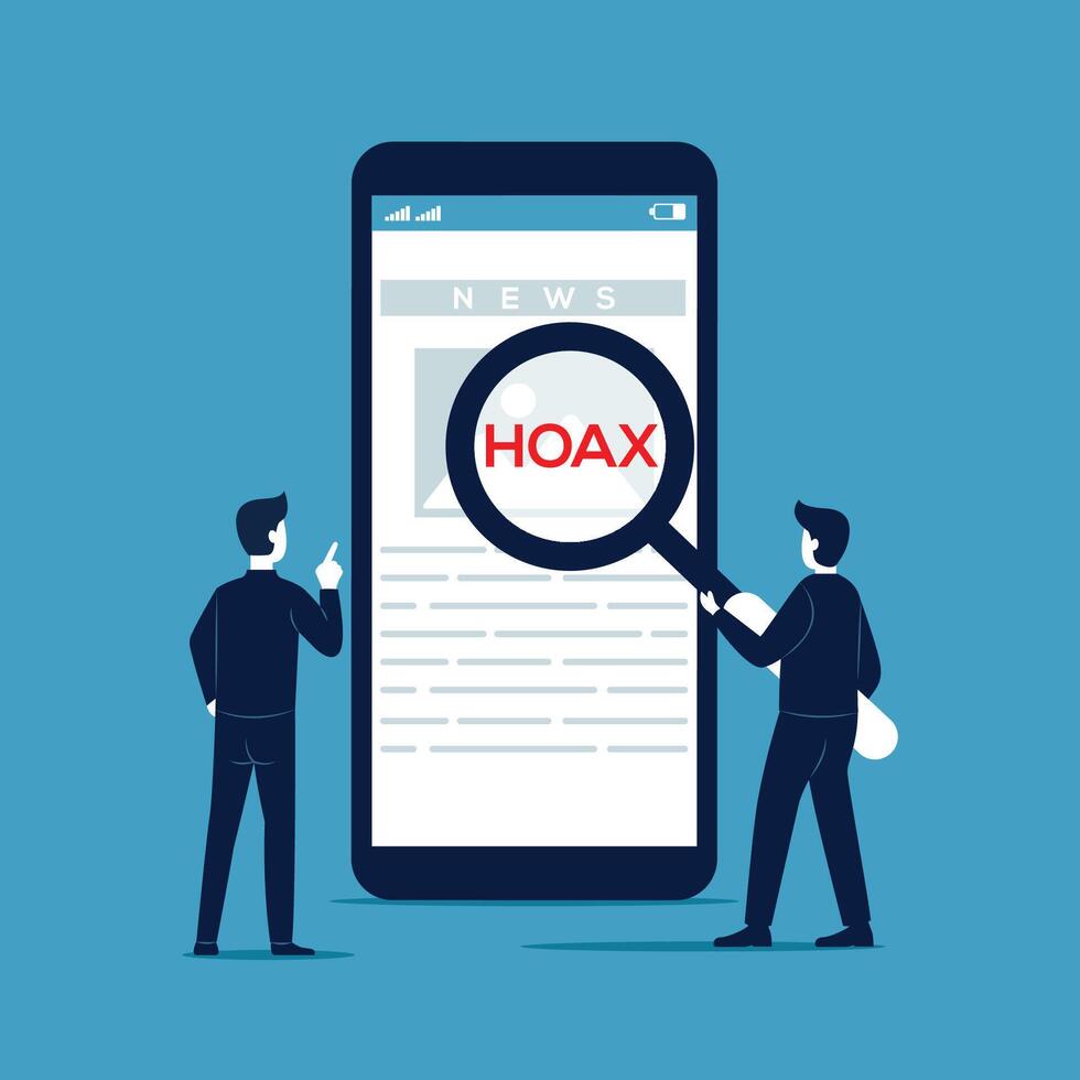 Tiny people holding magnifying glass scanning and check news on smartphone vector