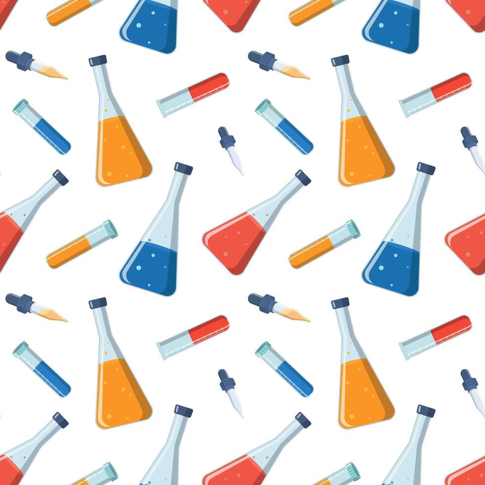 Chemistry seamless pattern. Test tubes with liquid background. School laboratory equipment concept. Hand drawn illustration. Isolated on white background vector