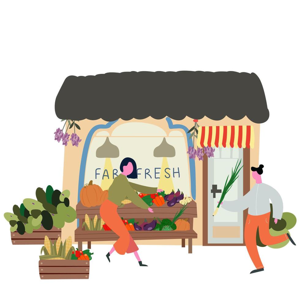 Farmers market flat background. City shopping building illustrations set. Cute bakery shop with flat characters, vegetable shop and butcher shop. Natural farm food vector