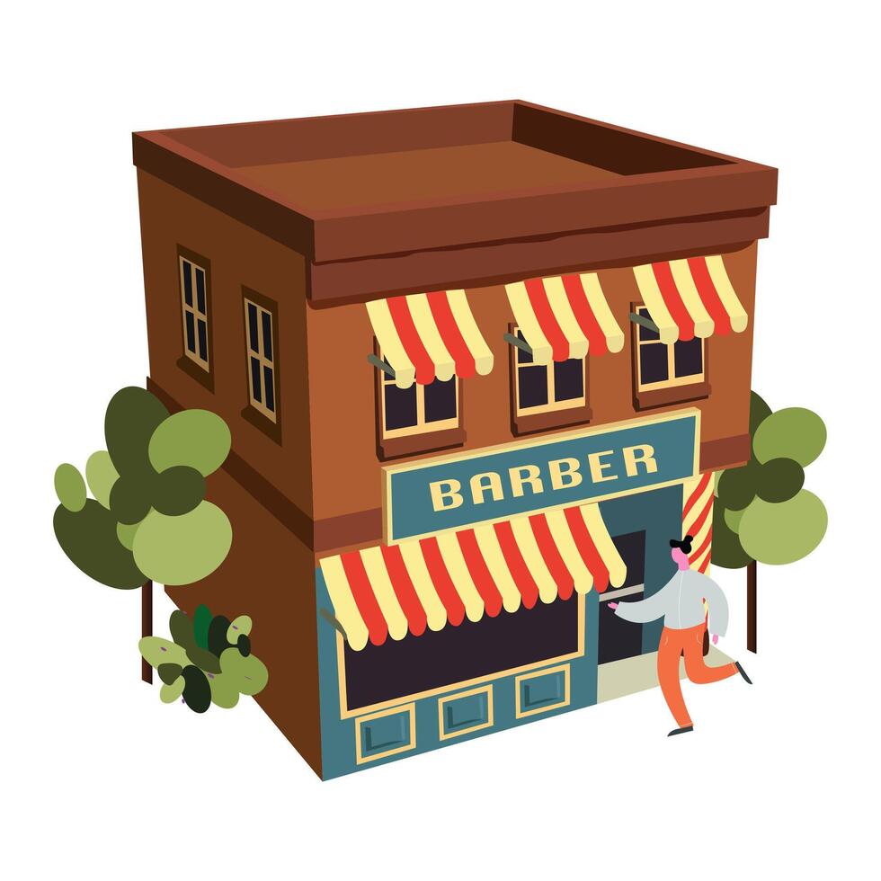 Vintage 3D barber shop store brown facade. flat retro building with vintage curtains and large stained glass windows. Flat characters vector