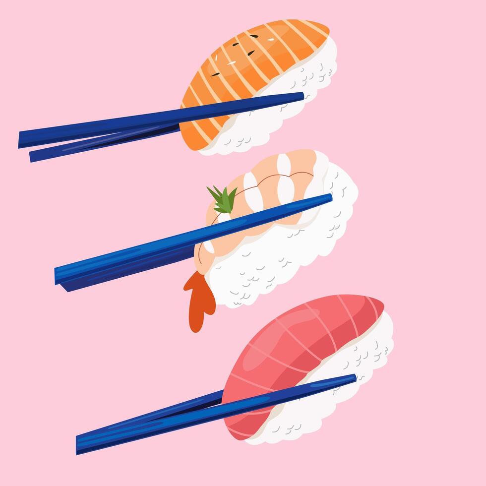 Sushi food. Asian food for restaurants menu. flat set of different types of sushi. Sushi roll with salmon, tuna and tiger prawn. Roll and traditional chopsticks for Asian cuisine vector