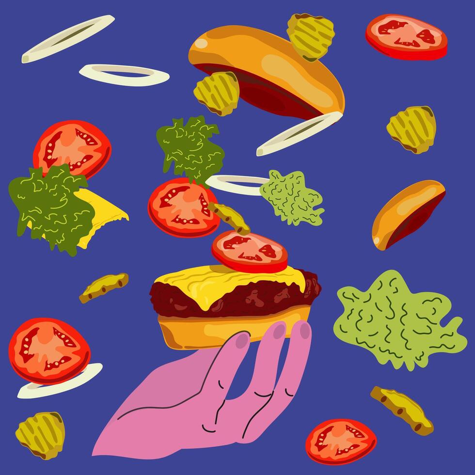 Fast food illustration. burgers in flat style. National burger day. Cheeseburger modern poster. Burger Banner. Set of ingredients for a Burger. Burger design for motion graphics vector
